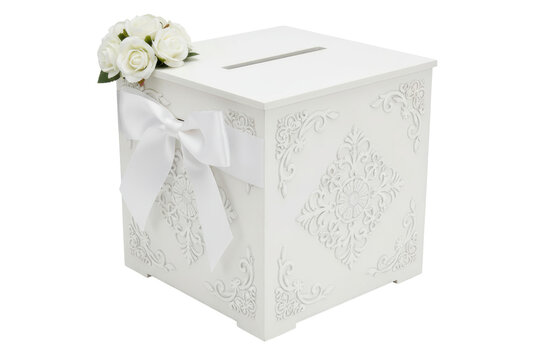 White wooden wedding money box with ribbon and white flowers isolated on a transparent background