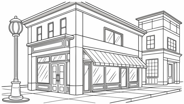 Detailed Line Art Drawing of a Classic Storefront Building with Awning and Streetlight.
