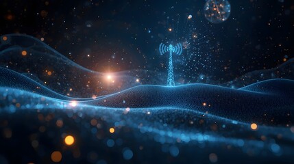 5G cell tower transmitting data in abstract digital landscape futuristic network communication technology wireless signals global connectivity background