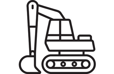 Simple black line art excavator illustration on transparent background silhouette