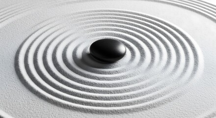 Obraz premium Serene black stone resting within precisely raked white sand, forming perfect concentric circles, evoking a profound sense of calm, balance, and meditative tranquility