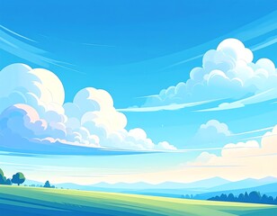 Fototapeta premium Cartoon-style illustration of a sunny day with fluffy clouds