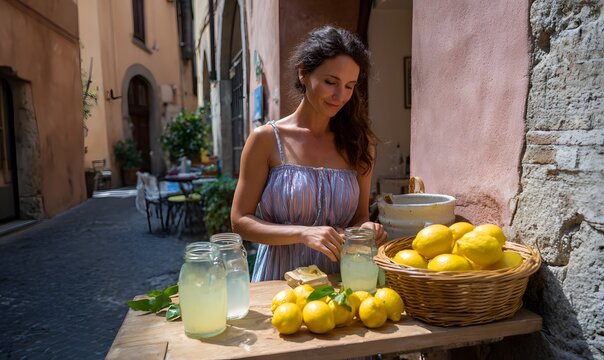  woman in a light summer dress preparing fresh lemonade at a small street stand, on a narrow historic street in Bologna, surrounded by baskets of ripe lemons, glass bottles, cut lemons on wooden board - Powered by Adobe