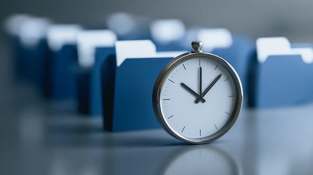 A conceptual image of time management, the clock takes center stage in front of a blur of documents to symbolize deadline or upcoming important tasks. 