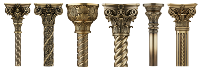 Group of six ornate brass pillars displaying intricate floral capitals and fluted designs, representing opulence and classical architectural heritage.