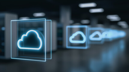 A cutting-edge image showcases data center infrastructure, highlighted by a series of glowing cloud computing icons, symbolizing connectivity and the future of information technology. 