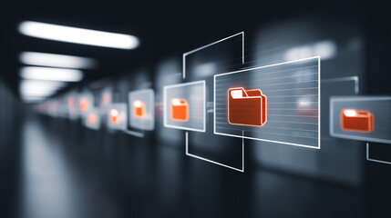 Digital document folders lined up in a futuristic data center, symbolizing data management and the organization of digital assets. 