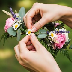Fototapeta premium Floral arrangement creation, hands delicately crafting a flower crown