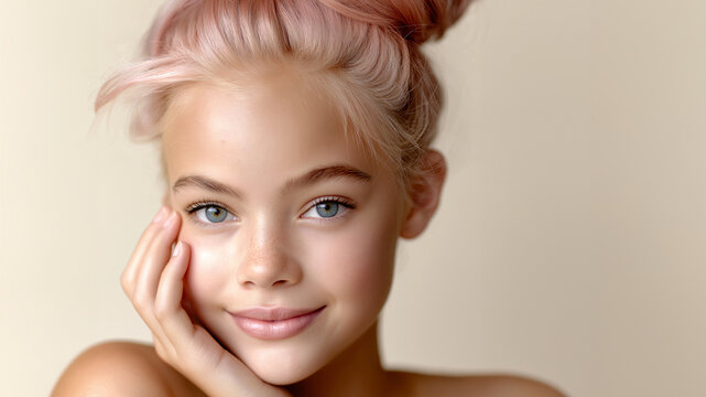 L&auml;chelnde junge Frau mit Dutt und nat&uuml;rlichem Teint