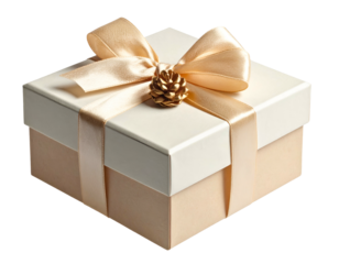 Elegant cream and gold gift box tied with satin ribbon
