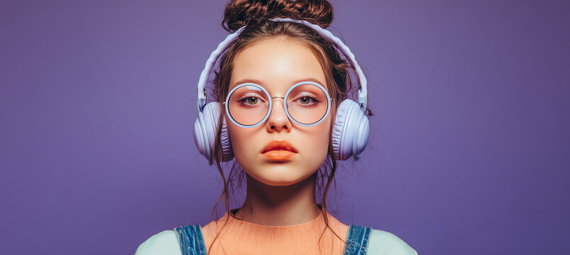 hipster igen teen pretty fashion girl model wear stylish glasses headphones enjoy listen new cool music mix stand at purple studio background in trendy 80s 90s