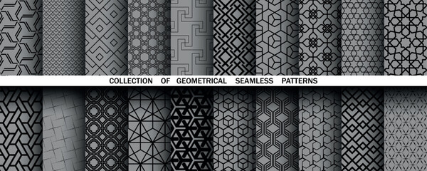 Geometric set of seamless black and gray patterns. Simple vector graphics