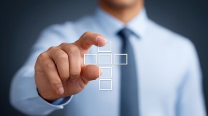 Businessperson Interacting with Virtual Interface Touchscreen Display in Modern Office Setting with Professional Attire and Technology Background