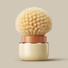 A round soft bristle facial brush rests on a cream colored base with a wood accent and metallic trim.