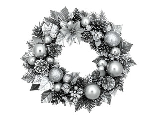 Elegant silver wreath with pinecones, ornaments, and poinsettia