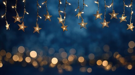 Shimmering golden star lights and bokeh create a festive and magical ambiance against a deep blue background