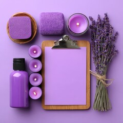 Aromatherapy spa flat lay with lavender theme includes lit candles, lotion bottle, sponge, and dried lavender on a purple backdrop.