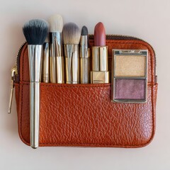 A collection of makeup brushes lipstick and eyeshadow displayed in a shiny bronze makeup bag against a light neutral backdrop
