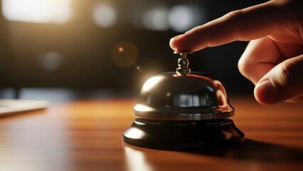 Finger pressing a metallic service bell on a wooden counter.