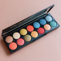 A twelve color eyeshadow palette featuring shimmering shades of blue, green, gold, red, and brown. The palette is open, revealing the colorful eyeshadows arranged in rows.