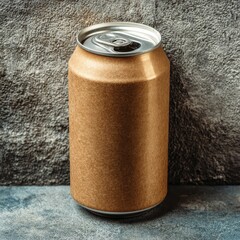 A close up studio shot of a gold glitter covered beverage can standing upright on a textured surface. The background is a rough gray wall.