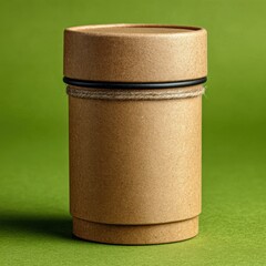 Close up of a glittering golden cylindrical container with a black band against a textured green surface.