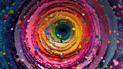 A colorful spiral showcases layers of bright shapes and dots in a circular pattern. The design has a mix of colors that draws the eye to the center.
