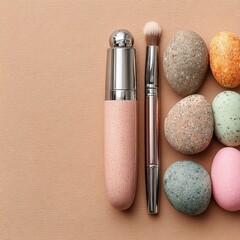 Close up of two decorative makeup brushes and several colorful glitter covered Easter eggs arranged on a textured rose gold background.