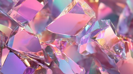 Pieces of crystals are scattered across a flat surface. Light shines on them creating colorful reflections. The crystals vary in shape and size displaying a mix of colors.