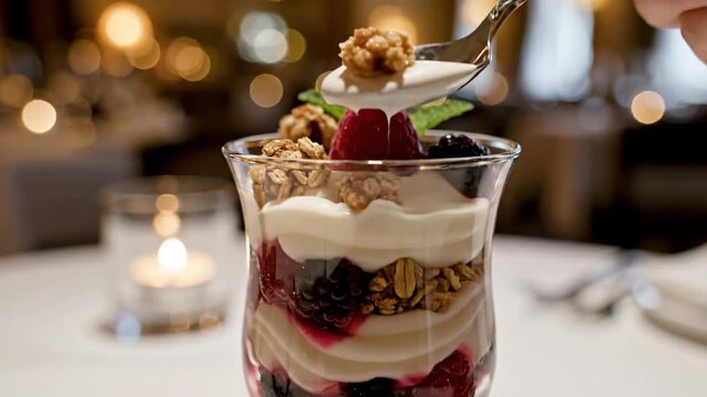 An indulgent berry and cream parfait dessert with walnuts and fresh fruit, served in a glass with a spoon and bokeh background