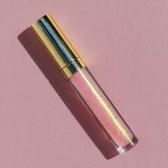 A close up, top down view of a clear lip gloss tube filled with iridescent pink glitter, topped with a shimmering gold cap, resting on a textured pale pink surface, casting a soft shadow.