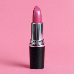 A single tube of shimmering pink lipstick with a black base and silver accents rests against a vibrant, soft pink backdrop.