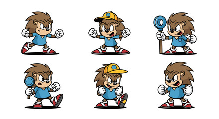 Cute Hedgehog Character Poses Set Vector Illustration.