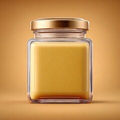 A square glass jar filled with textured yellow mustard with visible seeds, sealed with a shiny golden lid. The jar is centered against a smooth, warm brown gradient background.