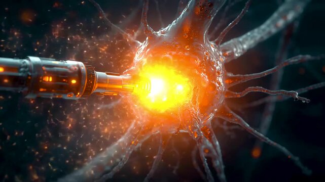 Glowing orange neural synapse connection with electrical probe and branching nerve structures