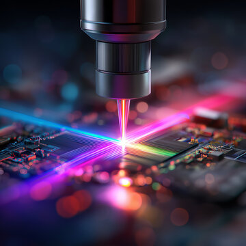 Pr&auml;zisionslaser bearbeitet Computerchip mit buntem Lichteffekt