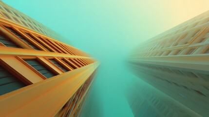 Abstract view of modern skyscrapers from below, showcasing top-down perspective with blurred focus and vibrant colors in an urban environment
