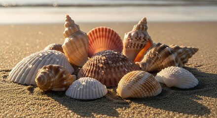 A beautiful collection of diverse seashells artfully arranged on a sunlit sandy beach, evoking tranquil summer memories and serene seaside discoveries under golden light