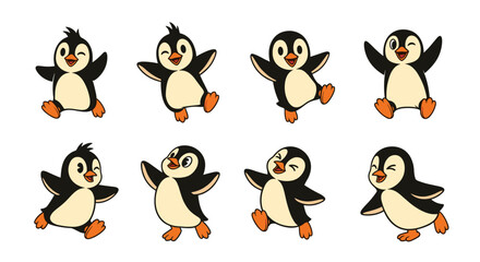 Obraz premium Cute Cartoon Penguins Dancing and Waving in Various Poses.