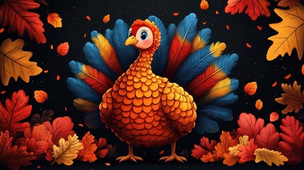 Cartoon turkey with colorful feathers surrounded by autumn leaves.