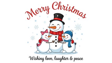 Three snowmen in a festive winter scene, wishing love, laughter, and peace
