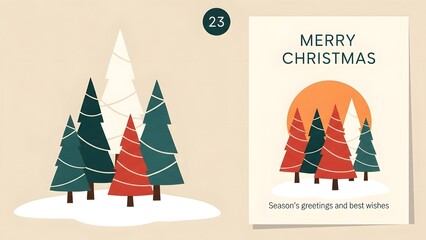 Stylized christmas trees in snow with sunset and card saying merry christmas season greetings