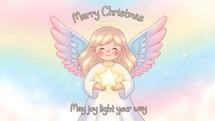 Fototapeta premium Christmas angel with star and wings in pastel sky saying merry christmas and may joy light your way