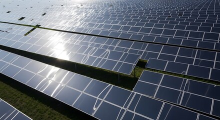 Vast solar panel array reflecting sunlight, highlighting clean energy generation and renewable power infrastructure in an expansive field