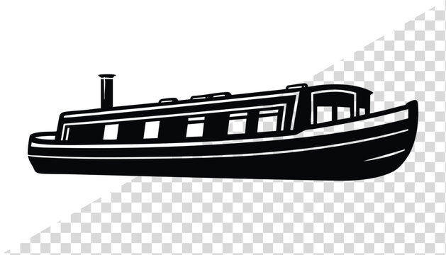 Black silhouette of a narrowboat canal boat a classic watercraft for leisure travel and transport isolated on a transparent background