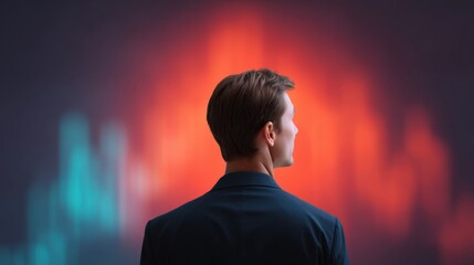 Professional man observing financial trends represented by colorful graphical data visuals in dark background, symbolizing market analysis and growth opportunities