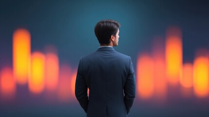 Professional man in a suit standing with his back to the camera, observing vibrant abstract data visualization with orange and blue tones
