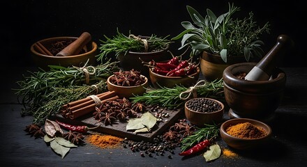 Aromatic collection of various vibrant culinary spices and fresh herbs, artfully arranged for gourmet cooking and flavoring dishes with rich natural essence
