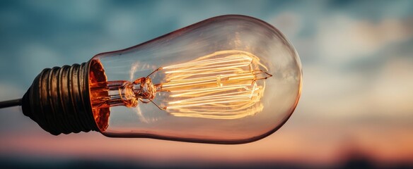 The light bulb glowing filament against a blurred sunset background evoking creative inspiration