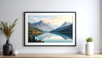 Landscape artwork of mountains reflecting in tranquil lake, framed on a white wall